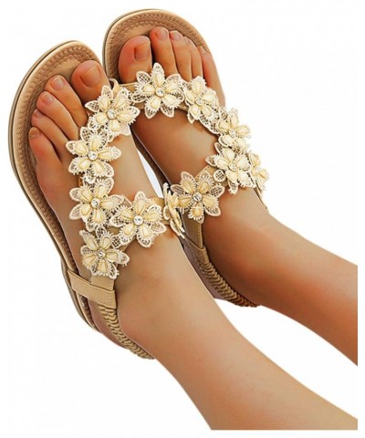 4th of July Sandals for Women, Women's Flat Sandals Flower Decor Clip Toe Elastic Strap Sandals Beach Sandals Beige $13.69 Sa...