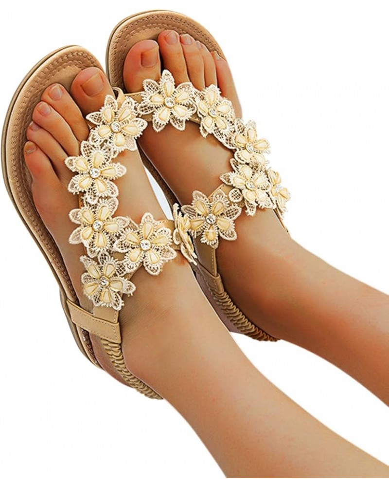 4th of July Sandals for Women, Women's Flat Sandals Flower Decor Clip Toe Elastic Strap Sandals Beach Sandals Beige $13.69 Sa...