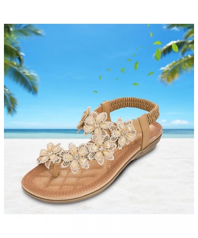 4th of July Sandals for Women, Women's Flat Sandals Flower Decor Clip Toe Elastic Strap Sandals Beach Sandals Beige $13.69 Sa...