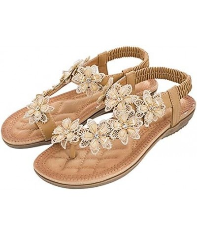 4th of July Sandals for Women, Women's Flat Sandals Flower Decor Clip Toe Elastic Strap Sandals Beach Sandals Beige $13.69 Sa...