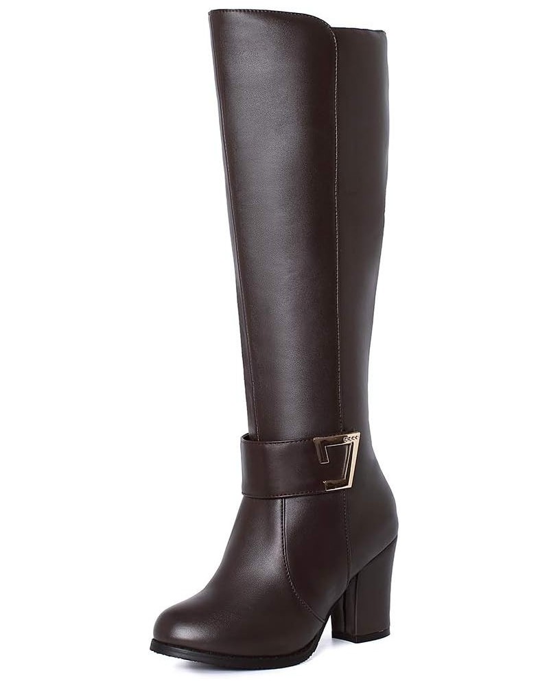 Women Knee-High Boots with Chunky Heel and Synthetic Suede Material Pu Brown $22.51 Boots