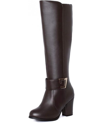 Women Knee-High Boots with Chunky Heel and Synthetic Suede Material Pu Brown $22.51 Boots