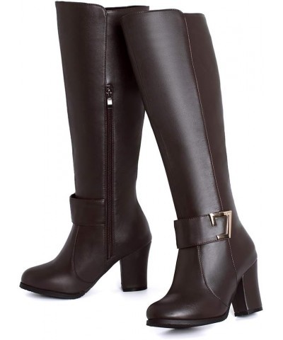 Women Knee-High Boots with Chunky Heel and Synthetic Suede Material Pu Brown $22.51 Boots