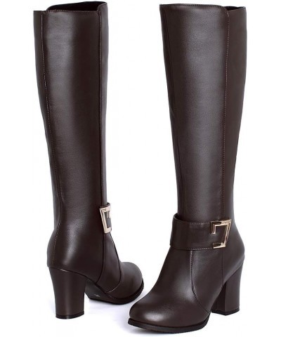 Women Knee-High Boots with Chunky Heel and Synthetic Suede Material Pu Brown $22.51 Boots