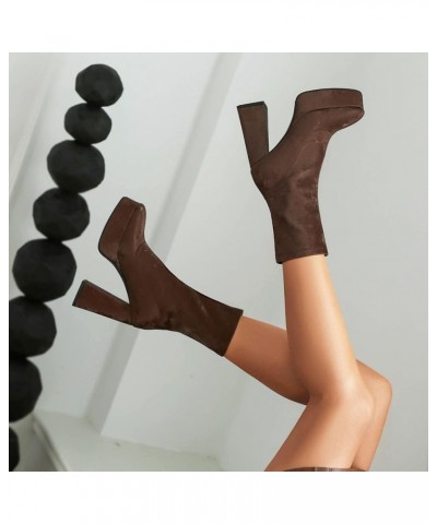 Women's Stretch Chunky High Heels Ankle Boots Platform Satin Bootie Fashion Square Toe Block Heeled Short Boots Brown $36.03 ...