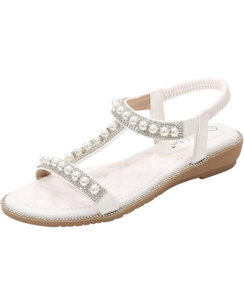 Womens Sandals Pearl Decora Solid Color Soft Cushion Ankle Strap Wedge Sandals Summer Beach Outdoor Sandals Women White $14.7...