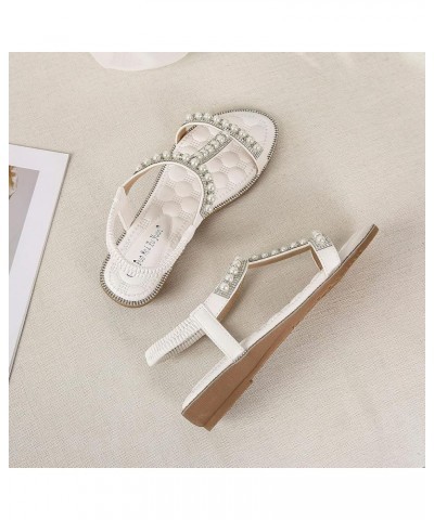 Womens Sandals Pearl Decora Solid Color Soft Cushion Ankle Strap Wedge Sandals Summer Beach Outdoor Sandals Women White $14.7...