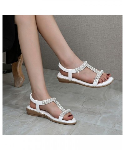 Womens Sandals Pearl Decora Solid Color Soft Cushion Ankle Strap Wedge Sandals Summer Beach Outdoor Sandals Women White $14.7...