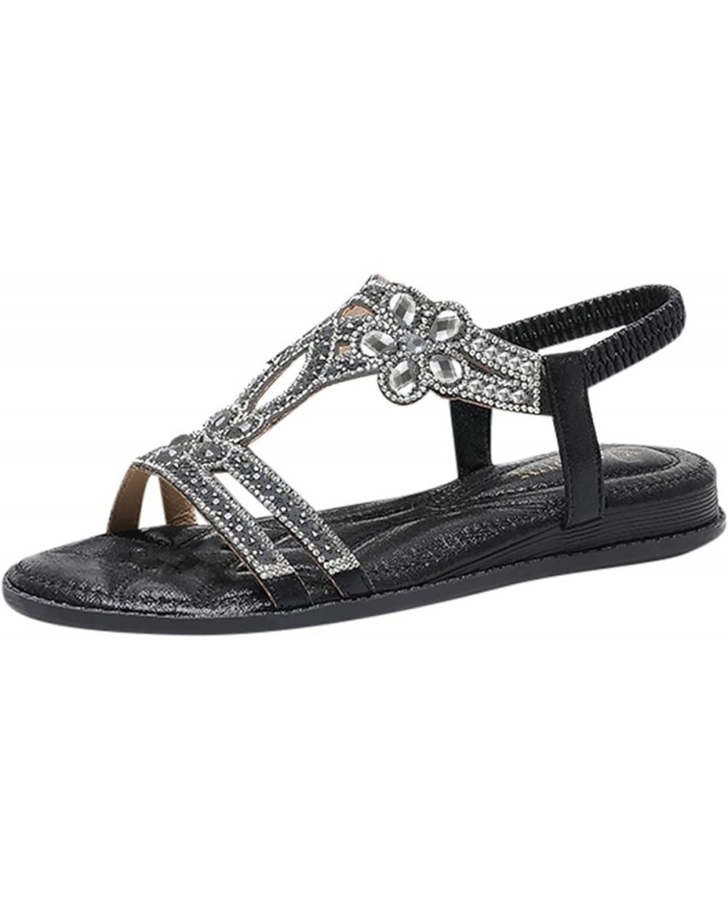 Women Arch Support Soft Insole Flip-Flop Peep Toe Sandals Lace Up Rhinestone Glitter Flat Mules Shoes Sandals 103-ibzwp-a-bla...