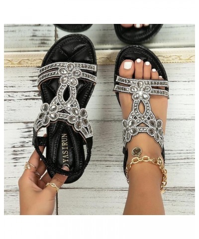 Women Arch Support Soft Insole Flip-Flop Peep Toe Sandals Lace Up Rhinestone Glitter Flat Mules Shoes Sandals 103-ibzwp-a-bla...