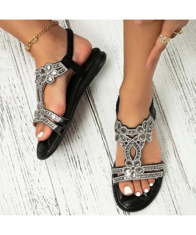 Women Arch Support Soft Insole Flip-Flop Peep Toe Sandals Lace Up Rhinestone Glitter Flat Mules Shoes Sandals 103-ibzwp-a-bla...