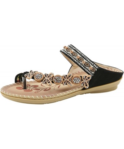 Flat Sandals, Summer Womens Retro Sandals Beach Beaded Metal Rhinestone Pearl Flat Shoes Z 13-black $11.99 Sandals