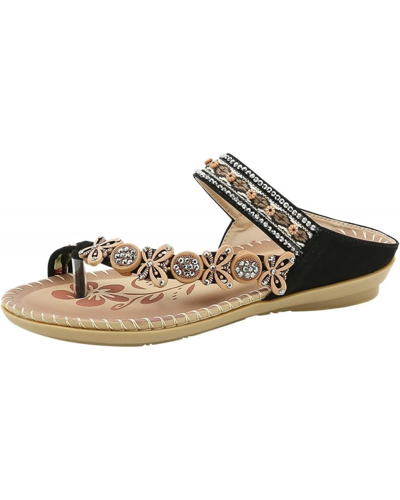 Flat Sandals, Summer Womens Retro Sandals Beach Beaded Metal Rhinestone Pearl Flat Shoes Z 13-black $11.99 Sandals