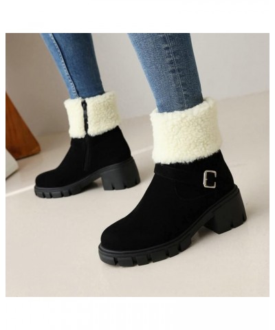 Women Short Boots Plush Lined Winter Warm Ankle Boots Chunky Heel Slip On Casual Booties Shoes Black $24.96 Boots