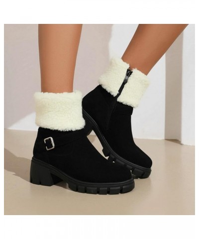 Women Short Boots Plush Lined Winter Warm Ankle Boots Chunky Heel Slip On Casual Booties Shoes Black $24.96 Boots