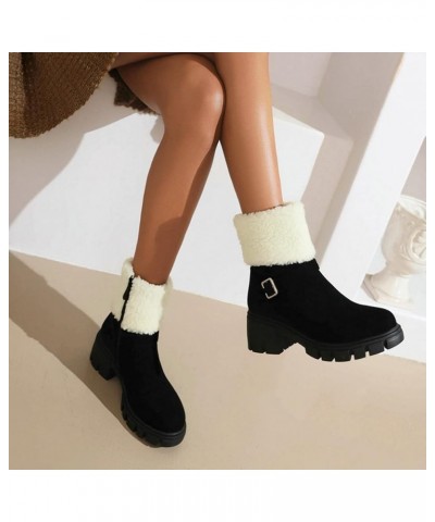 Women Short Boots Plush Lined Winter Warm Ankle Boots Chunky Heel Slip On Casual Booties Shoes Black $24.96 Boots