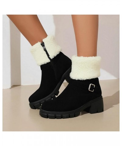 Women Short Boots Plush Lined Winter Warm Ankle Boots Chunky Heel Slip On Casual Booties Shoes Black $24.96 Boots