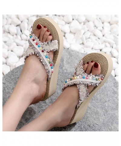 Women's Arch Support Slide Sandals Fashion Colorful Cloth Beads Ethic Style Beach Slippers Casual Non Slip Slope Heel Shoes (...