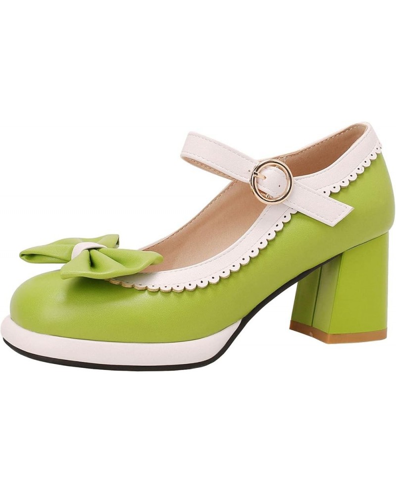 Womens Sweet Mary Jane Pumps Mid Block Heel Ankle Strap Shoes with Bow Green $31.19 Pumps