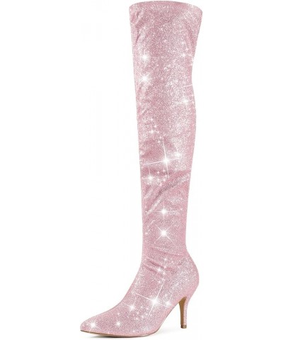 Glitter Thigh High Boot Stiletto Heels Over the Knee Boots for Women Pink $25.92 Boots