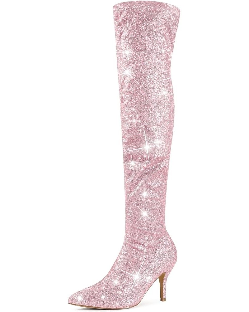 Glitter Thigh High Boot Stiletto Heels Over the Knee Boots for Women Pink $25.92 Boots