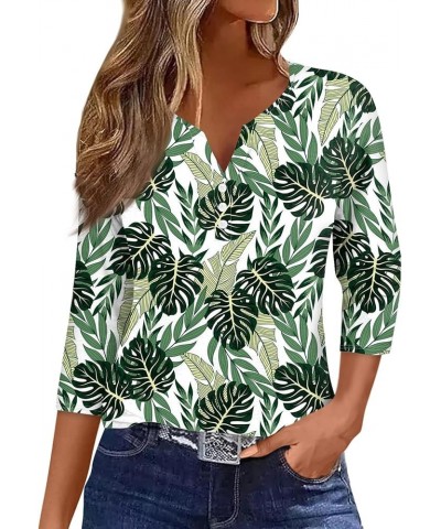 3/4 Sleeve T Shirts for Women Printed V Neck Blouses Button Down Summer Tshirt Dressy Casual Loose Tunic Tops 4-green $9.45 F...