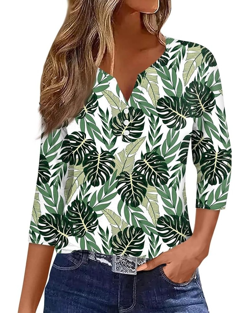 3/4 Sleeve T Shirts for Women Printed V Neck Blouses Button Down Summer Tshirt Dressy Casual Loose Tunic Tops 4-green $9.45 F...