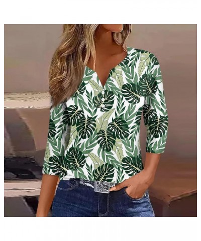 3/4 Sleeve T Shirts for Women Printed V Neck Blouses Button Down Summer Tshirt Dressy Casual Loose Tunic Tops 4-green $9.45 F...