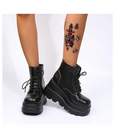 Platform Boots Goth Womens Wedge Heel Lace Up Combat Boots Lug Sole Punk Black Motorcycle Boots Gothic Ankle Booties Black $2...