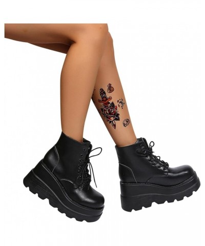 Platform Boots Goth Womens Wedge Heel Lace Up Combat Boots Lug Sole Punk Black Motorcycle Boots Gothic Ankle Booties Black $2...