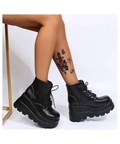 Platform Boots Goth Womens Wedge Heel Lace Up Combat Boots Lug Sole Punk Black Motorcycle Boots Gothic Ankle Booties Black $2...