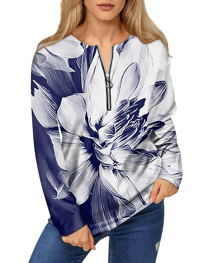 Women's Fashion Loose Printed Comfy T-Shirt Top Casual Zipper Sweatshirt Round Neck Long Sleeve Tunic Pullover 3-blue $11.42 ...