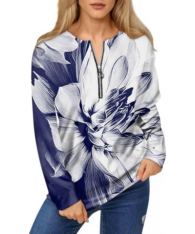 Women's Fashion Loose Printed Comfy T-Shirt Top Casual Zipper Sweatshirt Round Neck Long Sleeve Tunic Pullover 3-blue $11.42 ...