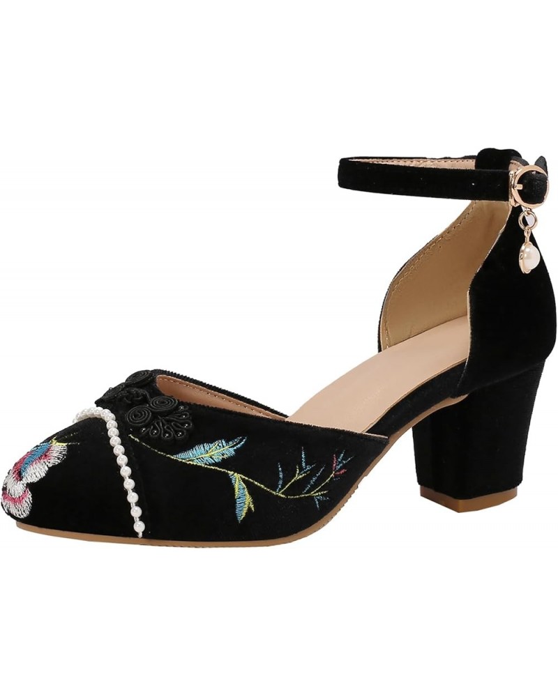 Women's Embroidered Sandals with Ankle Straps and Chunky Heels - Chinese Style Dance Party Heels Black $21.09 Sandals