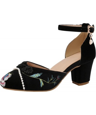 Women's Embroidered Sandals with Ankle Straps and Chunky Heels - Chinese Style Dance Party Heels Black $21.09 Sandals