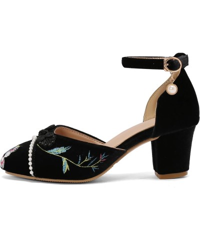 Women's Embroidered Sandals with Ankle Straps and Chunky Heels - Chinese Style Dance Party Heels Black $21.09 Sandals