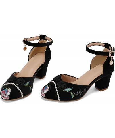 Women's Embroidered Sandals with Ankle Straps and Chunky Heels - Chinese Style Dance Party Heels Black $21.09 Sandals