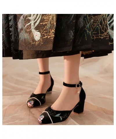 Women's Embroidered Sandals with Ankle Straps and Chunky Heels - Chinese Style Dance Party Heels Black $21.09 Sandals