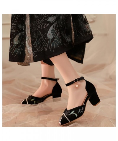 Women's Embroidered Sandals with Ankle Straps and Chunky Heels - Chinese Style Dance Party Heels Black $21.09 Sandals