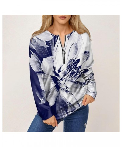 Women's Fashion Loose Printed Comfy T-Shirt Top Casual Zipper Sweatshirt Round Neck Long Sleeve Tunic Pullover 3-blue $11.42 ...