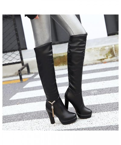 Women's Leather Boots Knee High Round Women's Fashion Breathable Chunky Shoes Heels Boots Thigh Solid Toe High Women's Boots ...