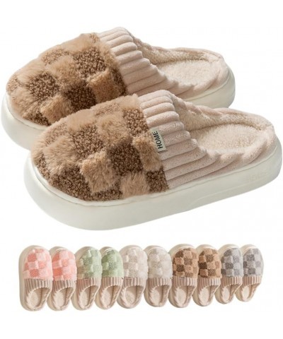 Kawaii Checkered Slippers Unisex Cute Fluffy Home Slippers Fuzzy Slippers Brown $7.58 Slippers