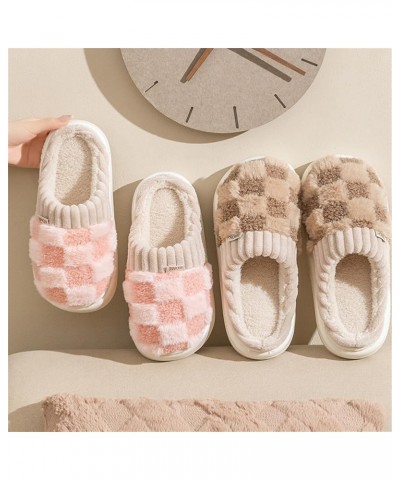 Kawaii Checkered Slippers Unisex Cute Fluffy Home Slippers Fuzzy Slippers Brown $7.58 Slippers