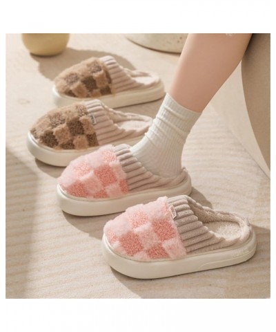 Kawaii Checkered Slippers Unisex Cute Fluffy Home Slippers Fuzzy Slippers Brown $7.58 Slippers