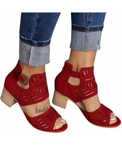 Summer Sandals For Women Fashion Heel Shoes High Ladies Sandals Toe Buckle Women Solid Peep Casual Women's sandals Wine $13.5...