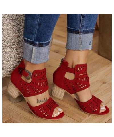 Summer Sandals For Women Fashion Heel Shoes High Ladies Sandals Toe Buckle Women Solid Peep Casual Women's sandals Wine $13.5...