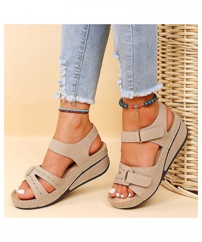 Women's Summer Flat Round Toe Sandals Outdoor Casual Crystal Buckle Strap Shoes D11-beige $12.16 Slippers