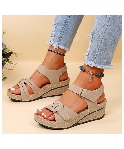 Women's Summer Flat Round Toe Sandals Outdoor Casual Crystal Buckle Strap Shoes D11-beige $12.16 Slippers