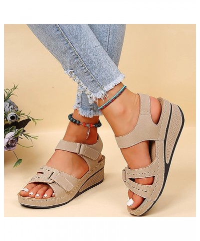 Women's Summer Flat Round Toe Sandals Outdoor Casual Crystal Buckle Strap Shoes D11-beige $12.16 Slippers