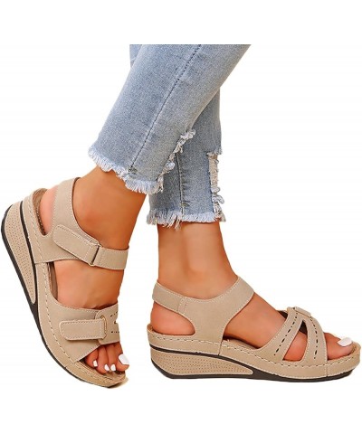 Women's Summer Flat Round Toe Sandals Outdoor Casual Crystal Buckle Strap Shoes D11-beige $12.16 Slippers